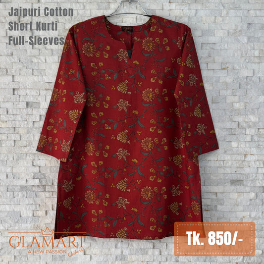 Jaipuri Cotton Full Sleeve Short Kurti - Maroon Red Floral Print