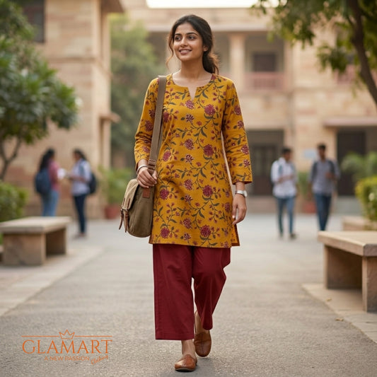 Jaipuri Cotton Full Sleeve Short Kurti - Mustard Brown Floral Print