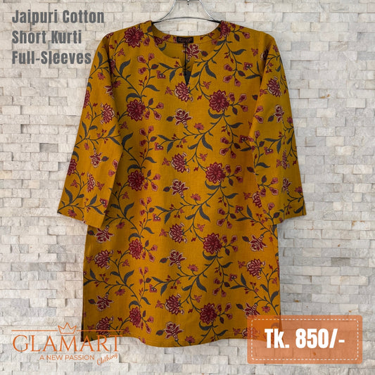 Jaipuri Cotton Full Sleeve Short Kurti - Mustard Brown Floral Print