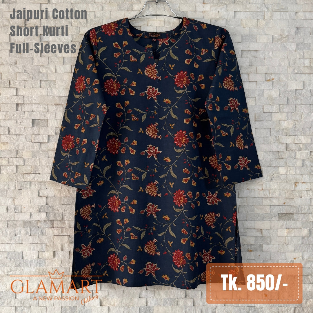 Jaipuri Cotton Full Sleeve Short Kurti - Navy Blue Floral | Glamart