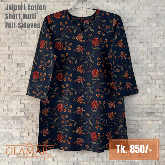 Jaipuri Cotton Full Sleeve Short Kurti - Navy Blue Floral Print