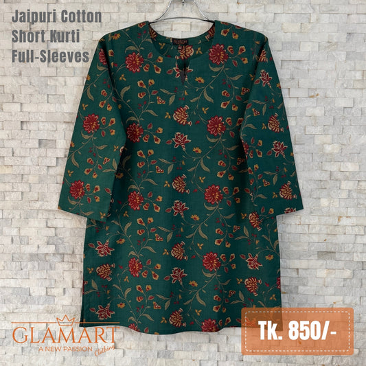 Jaipuri Cotton Full Sleeve Short Kurti - Bottle Green Floral Print