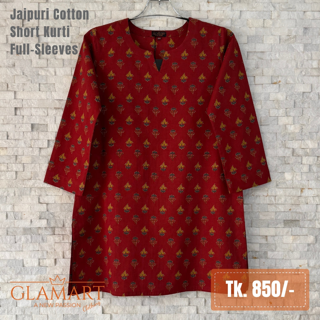 Jaipuri Cotton Full Sleeve Short Kurti – Red & Mustard Floral | Glamart