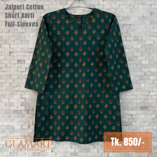 Jaipuri Cotton Full Sleeve Short Kurti – Bottle Green Floral | Glamart