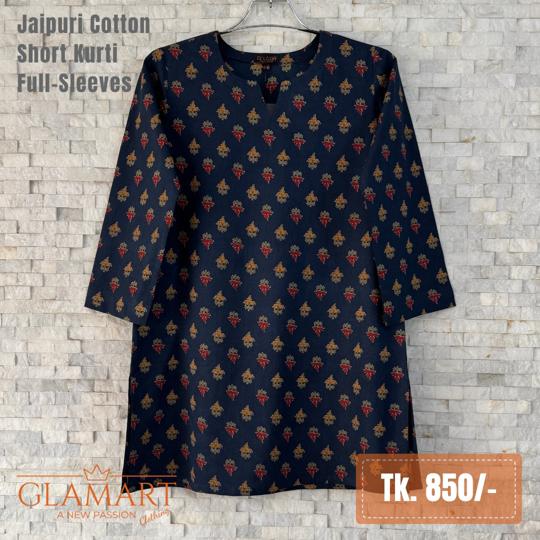 Jaipuri Cotton Full Sleeve Short Kurti – Navy Blue Floral | Glamart
