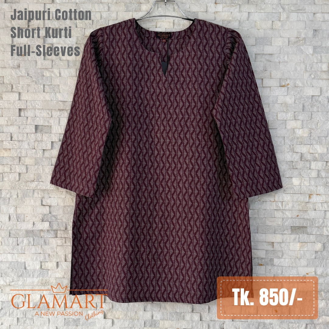 Jaipuri Cotton Full Sleeve Short Kurti – Burgundy Geometric Wave