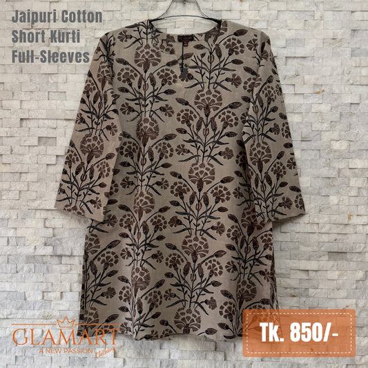 Jaipuri Cotton Full Sleeve Short Kurti – Beige & Brown Floral Print