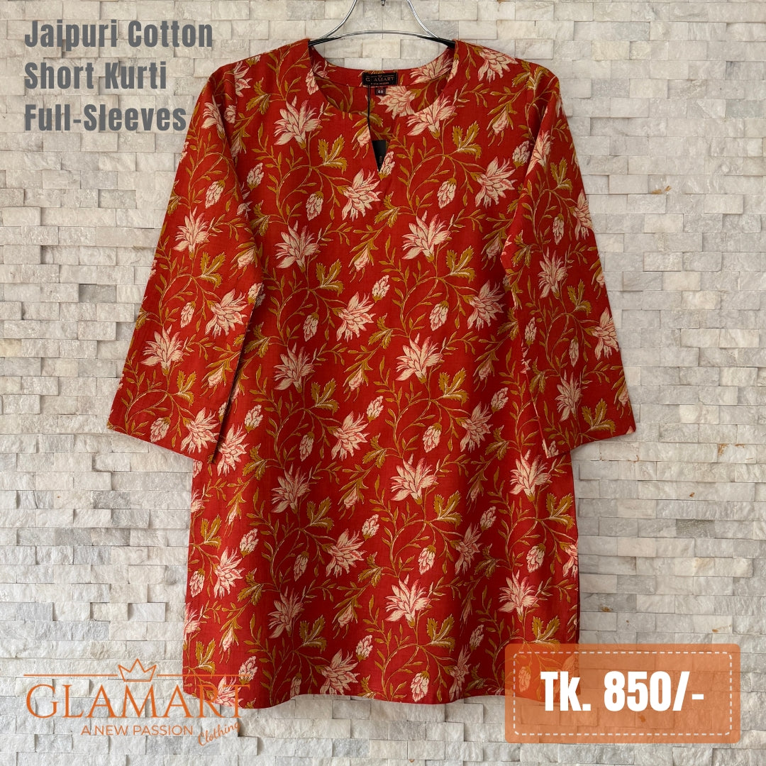 Jaipuri Cotton Full Sleeve Short Kurti – Rust Red Floral & Zig-Zag Print