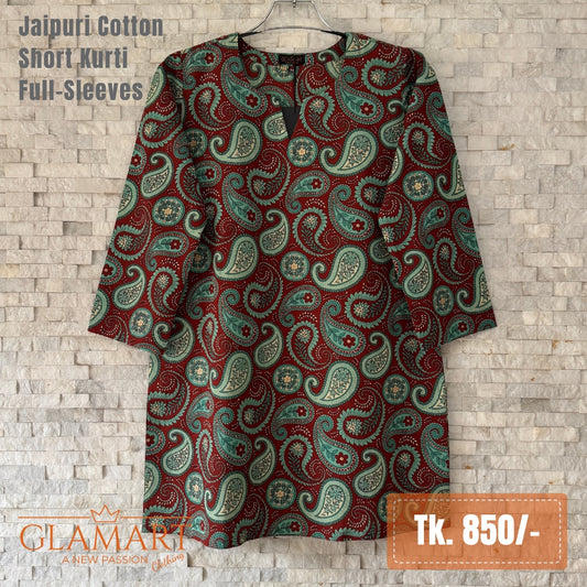 Jaipuri Cotton Full Sleeve Short Kurti – Maroon Paisley & Zig-Zag Print