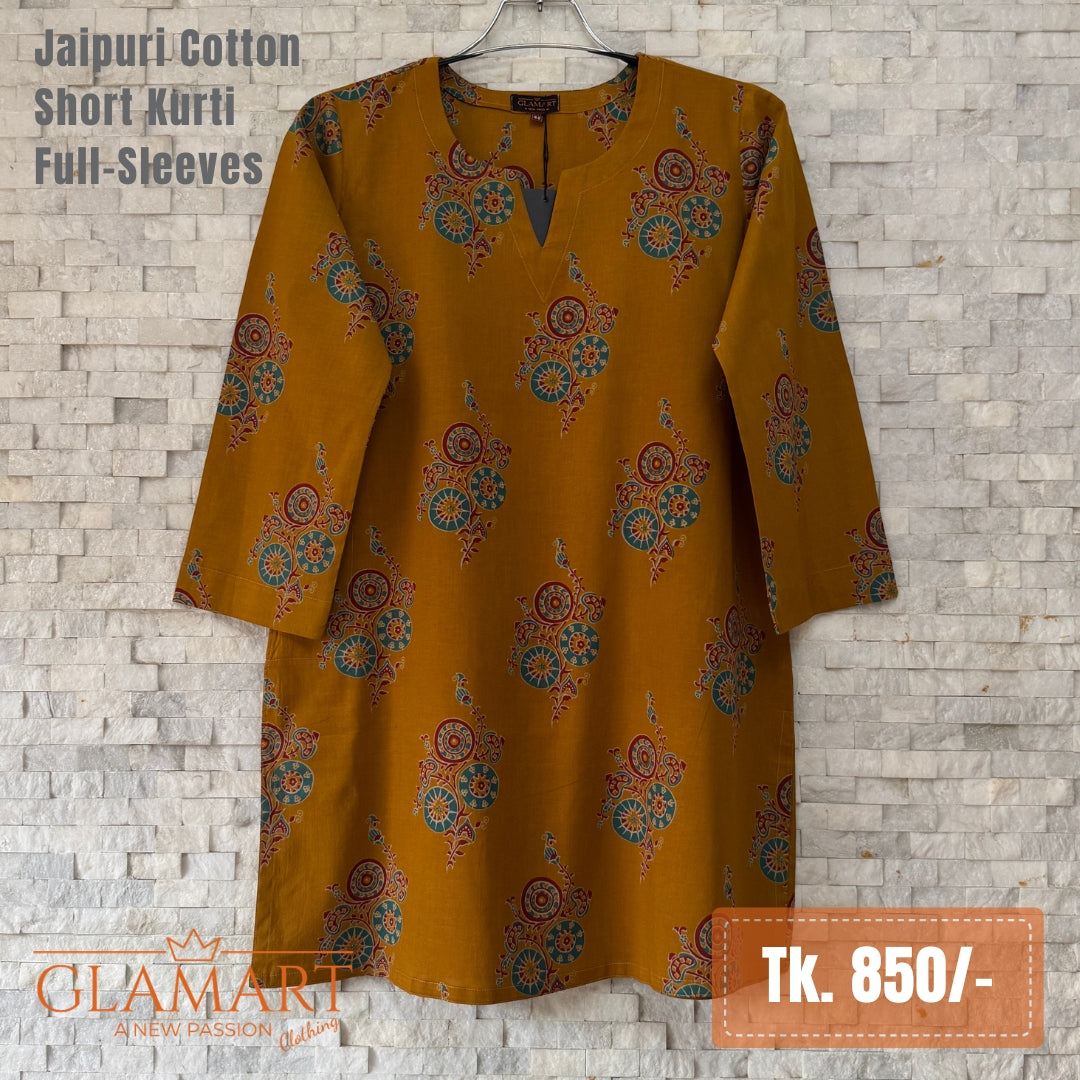 Jaipuri Cotton Full Sleeve Short Kurti – Mustard Brown Floral Print