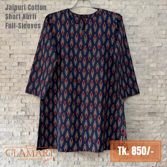 Jaipuri Cotton Full Sleeve Short Kurti – Indigo Blue Diamond & Ikat Print