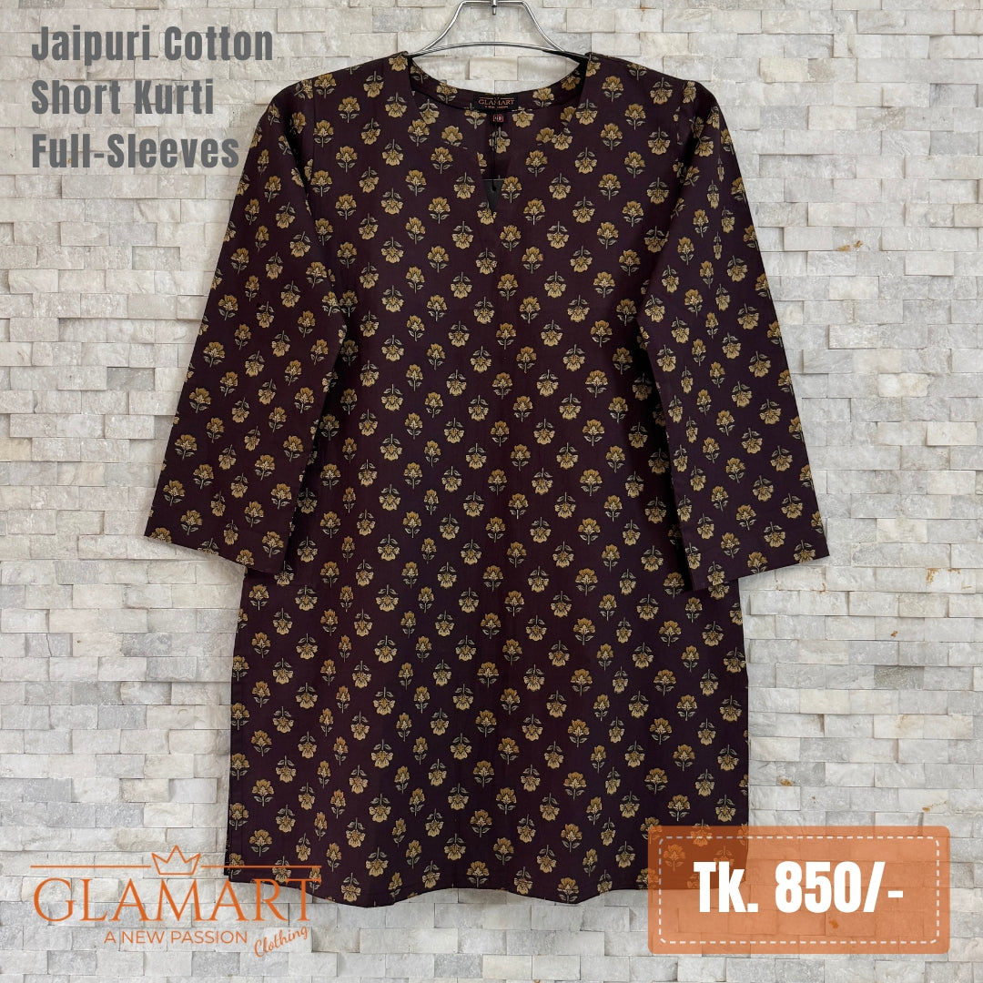 Jaipuri Cotton Full Sleeve Short Kurti – Deep Wine Mustard Floral Butti Print