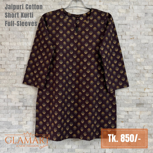 Jaipuri Cotton Full Sleeve Short Kurti – Deep Wine Mustard Floral Butti Print