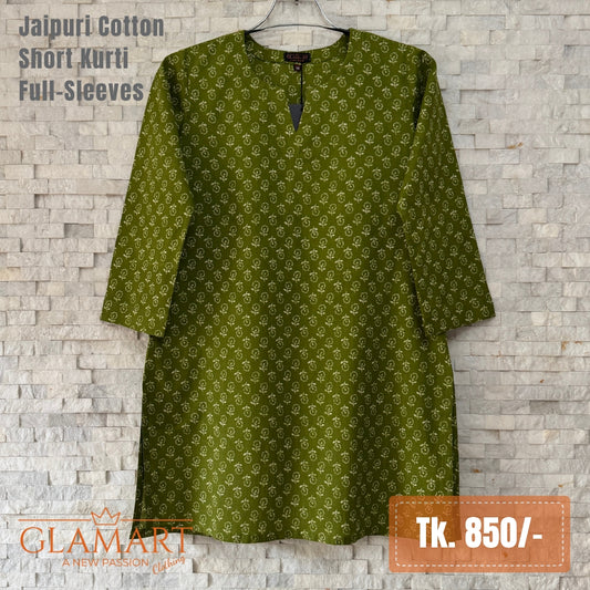 Jaipuri Cotton Full Sleeve Short Kurti – Bright Leaf Green Floral Butti Print