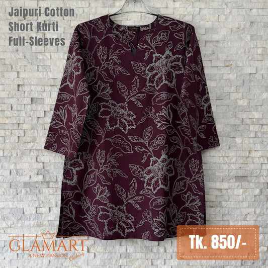 Jaipuri Cotton Full Sleeve Short Kurti – Deep Wine Floral & Zig-Zag Print
