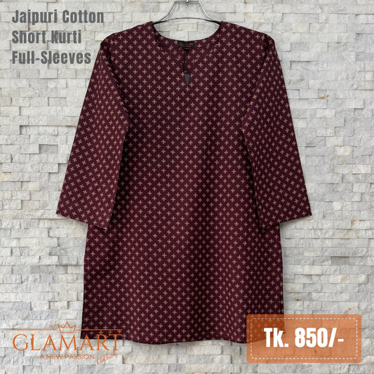 Jaipuri Cotton Full Sleeve Short Kurti – Burgundy & Cream Ditsy Floral Print