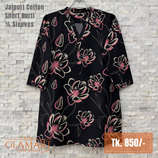 Jaipuri Cotton 3/4 Sleeve Short Kurti – Black, Pink & Cream Floral Print