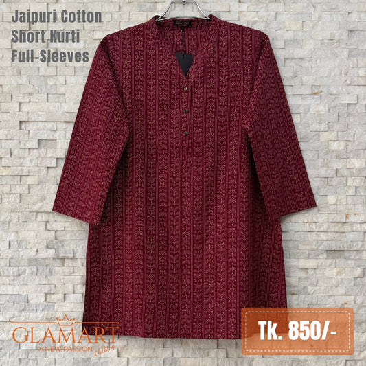 Jaipuri Cotton Short Kurti – Burgundy Leaf Stripe