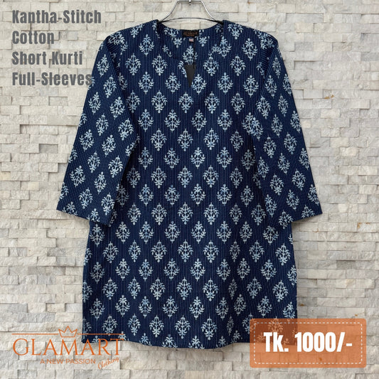 Kantha-Stitch Cotton Short Kurti – Navy Blue Ornamental Print
