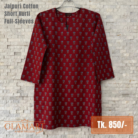 Jaipuri Cotton Short Kurti – Maroon & Blue Floral Print