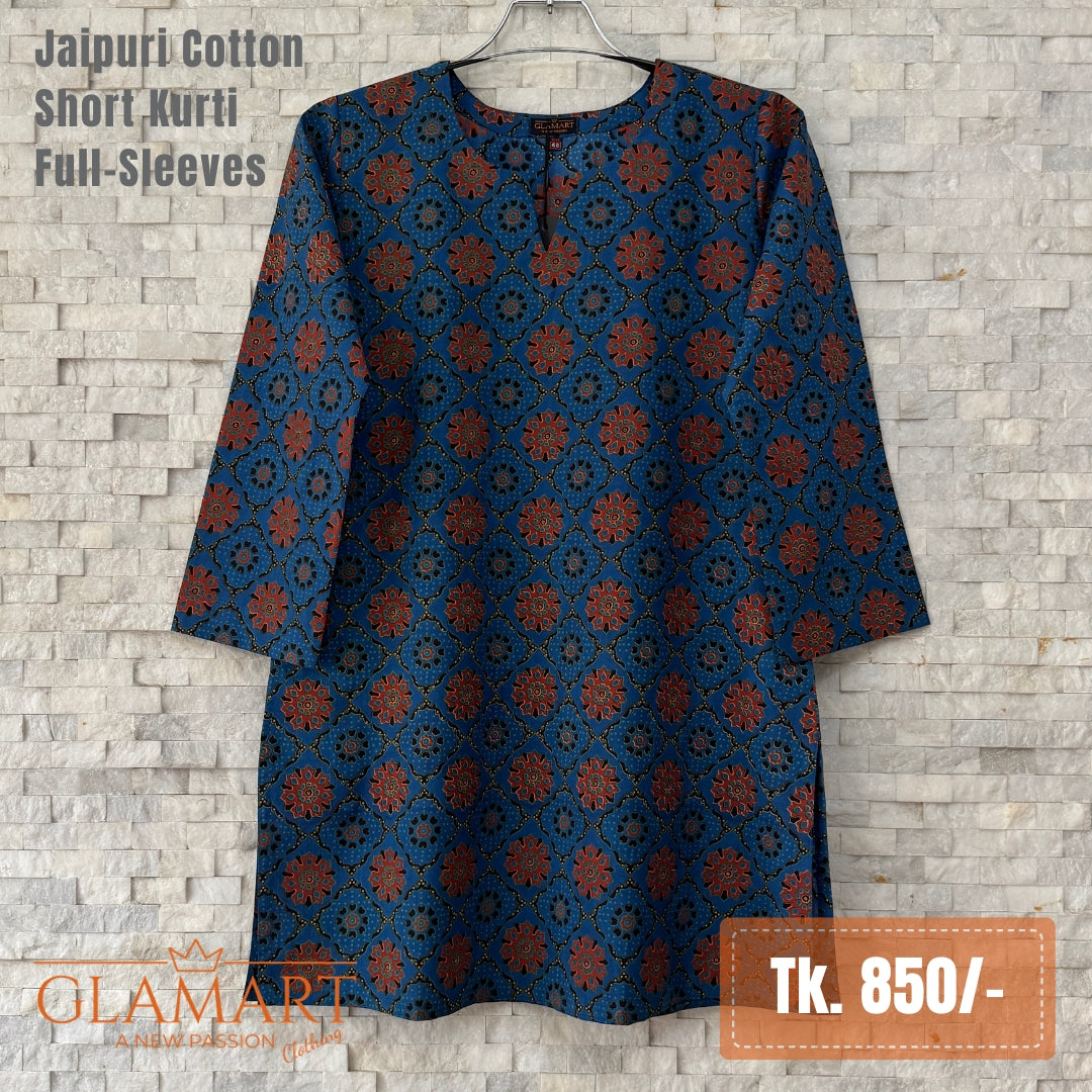 Jaipuri Cotton Short Kurti – Blue & Rust Geometric Floral