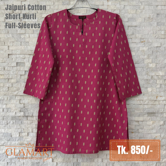 Jaipuri Cotton Short Kurti – Deep Rose & Beige Ikat Print