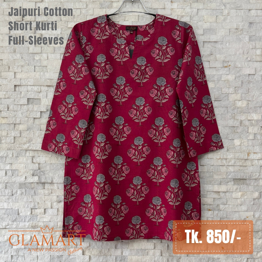 Jaipuri Cotton Short Kurti – Purplish-Red & Grey Rose Print