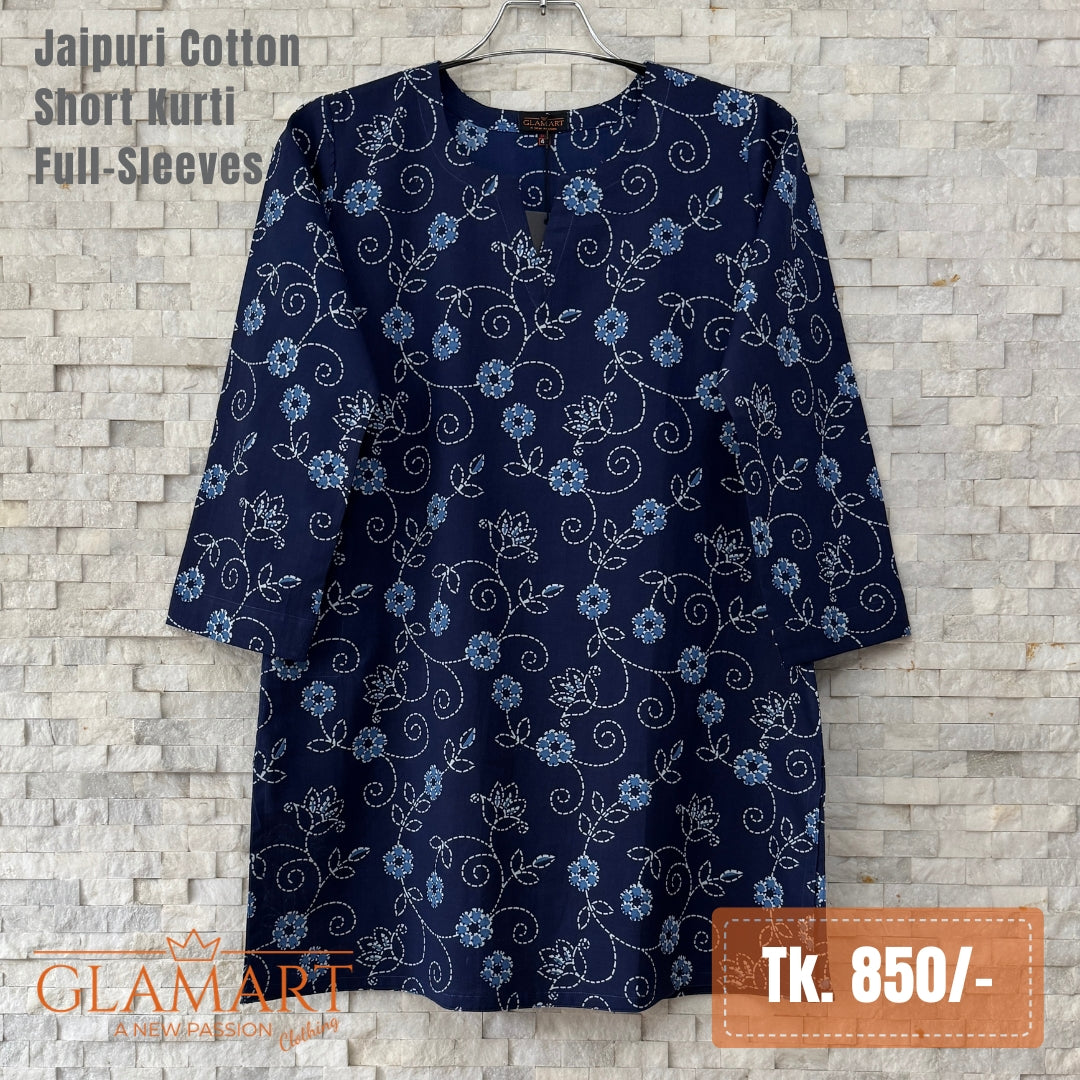 Jaipuri Cotton Short Kurti – Navy Blue & White Floral Vine Print
