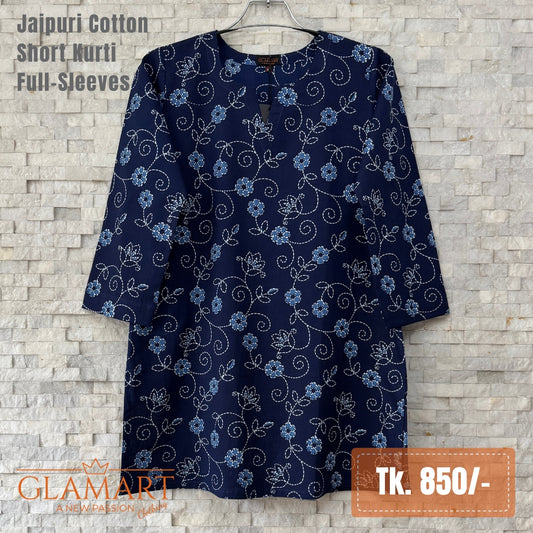 Jaipuri Cotton Short Kurti – Navy Blue & White Floral Vine Print