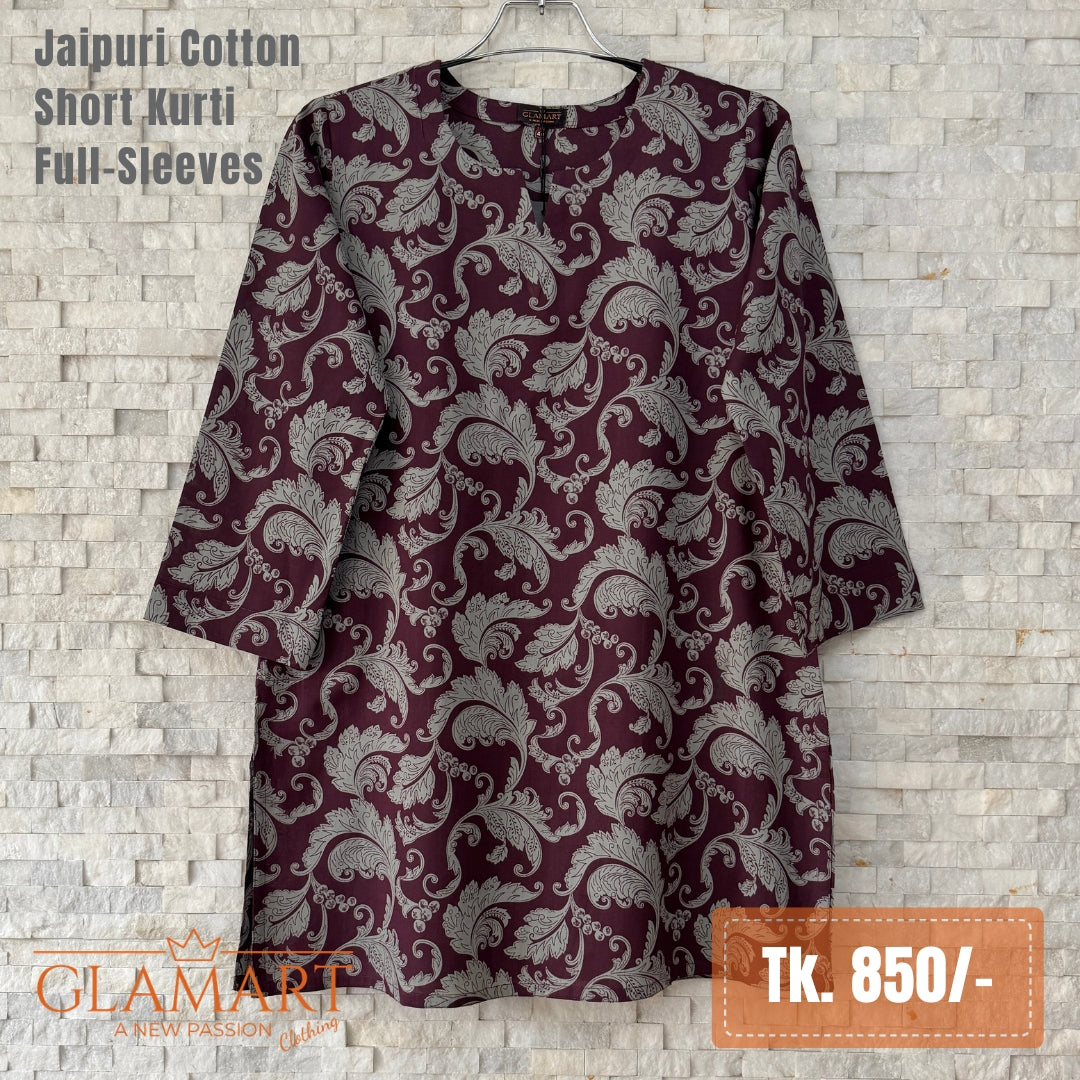Jaipuri Cotton Short Kurti – Burgundy & Grey Paisley Print