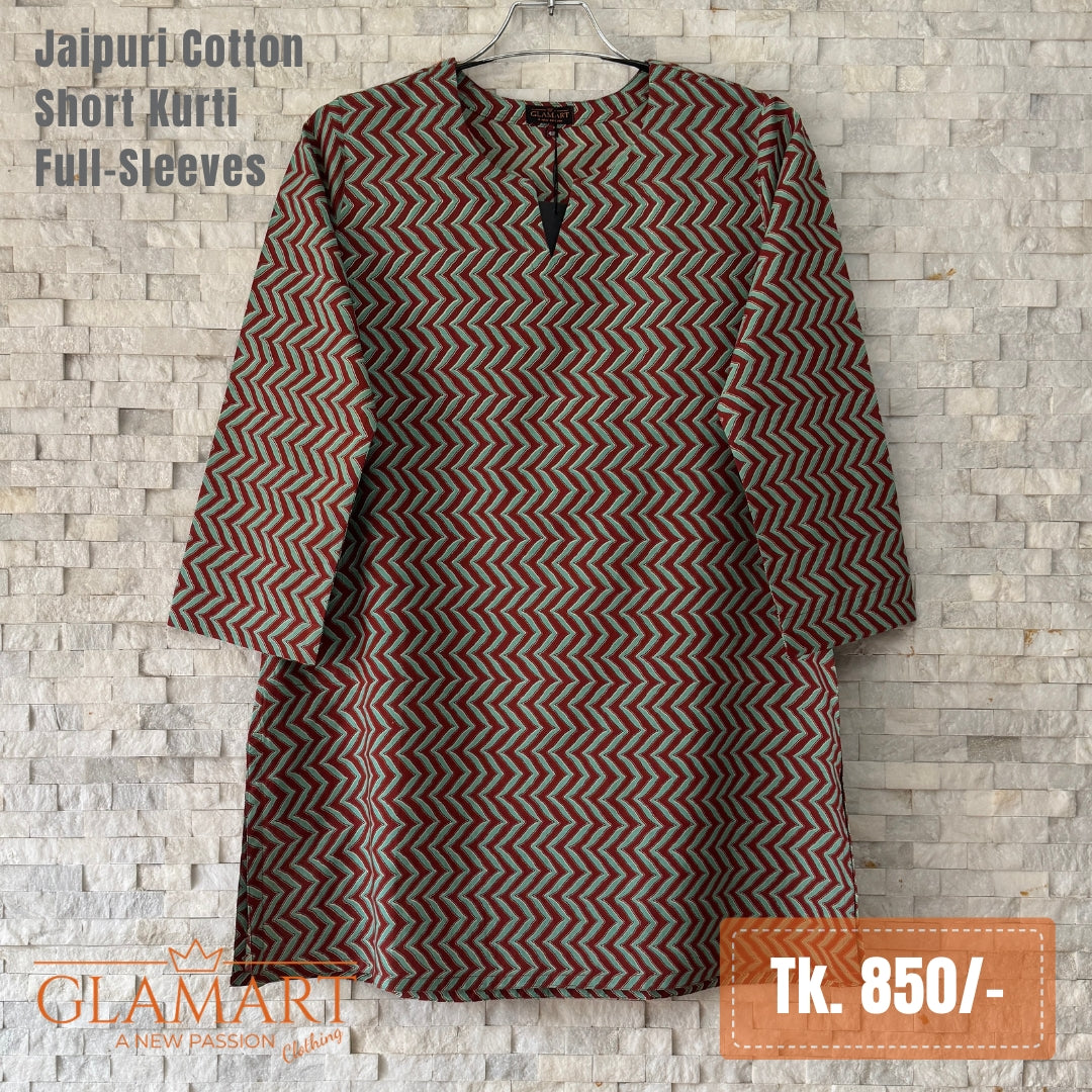 Jaipuri Cotton Short Kurti - Maroon and Teal Zigzag Print