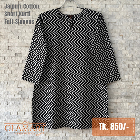 Jaipuri Cotton Short Kurti - Black and White Zigzag Print