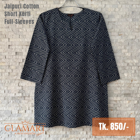 Jaipuri Cotton Short Kurti - Navy Blue and Grey Zigzag Print