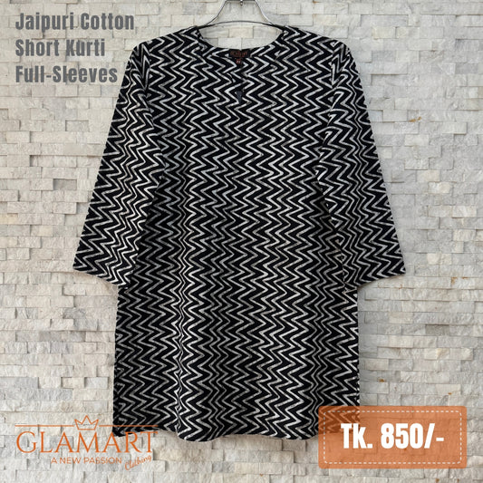 Jaipuri Cotton Short Kurti - Black and Dusty White Zigzag Print