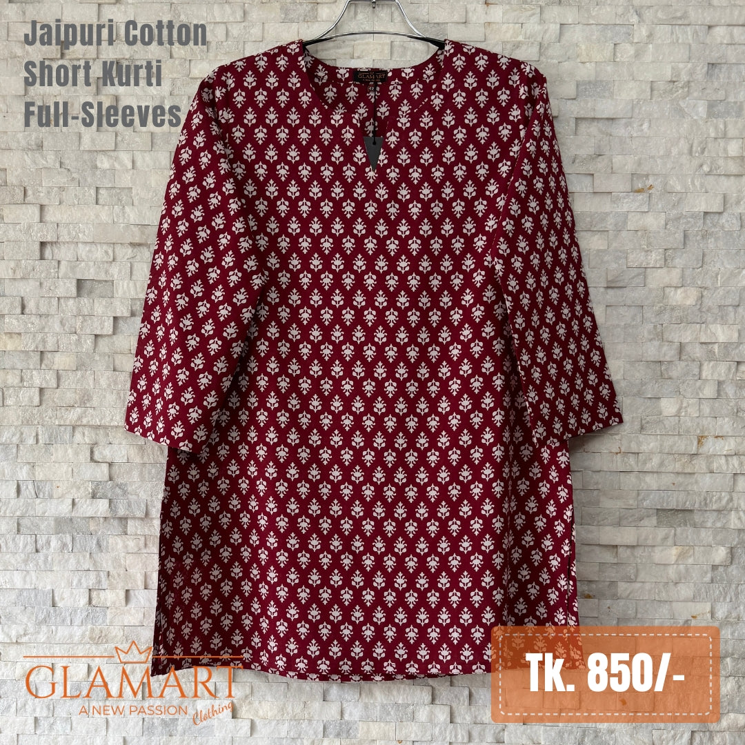 Jaipuri Cotton Short Kurti - Maroon & White Floral Print