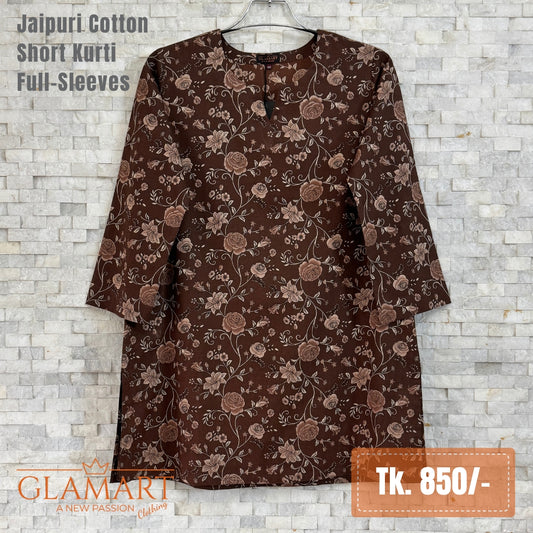 Jaipuri Cotton Short Kurti - Chocolate Brown & Rose Floral Print
