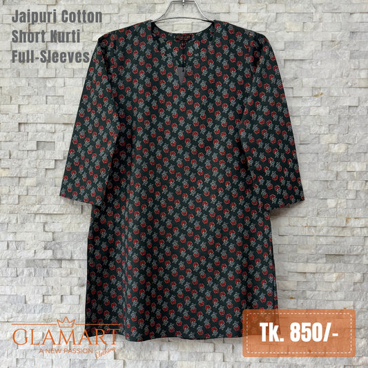 Jaipuri Cotton Short Kurti - Deep Green, Red & Grey Floral Print