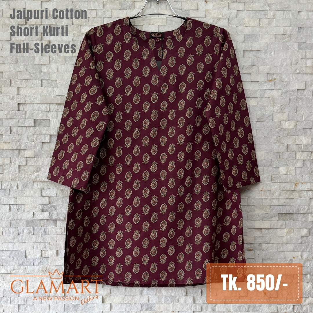 Jaipuri Cotton Short Kurti - Dark Burgundy & Beige Leaf Print