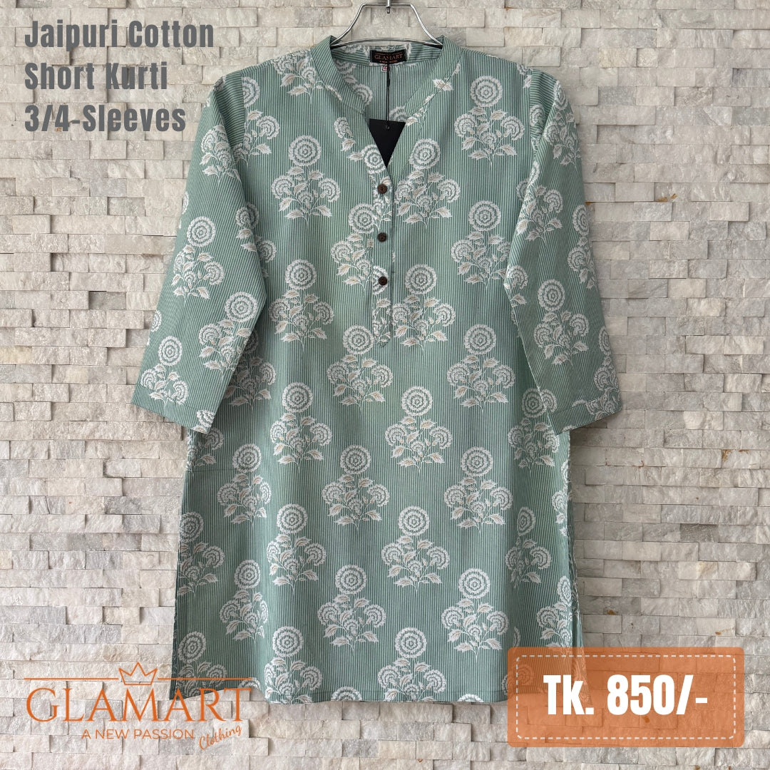 Jaipuri Cotton Short Kurti – Sage Green Floral