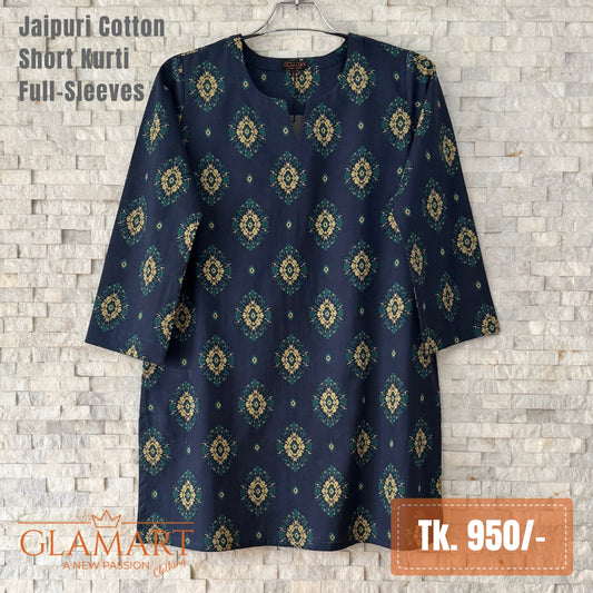 Jaipuri Cotton Short Kurti - Navy Blue Ikat Print