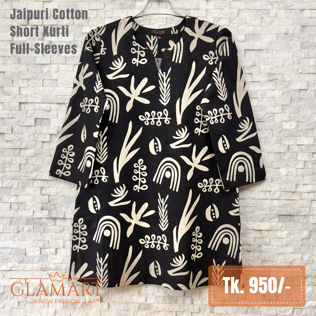 Jaipuri Cotton Short Kurti - Black Abstract