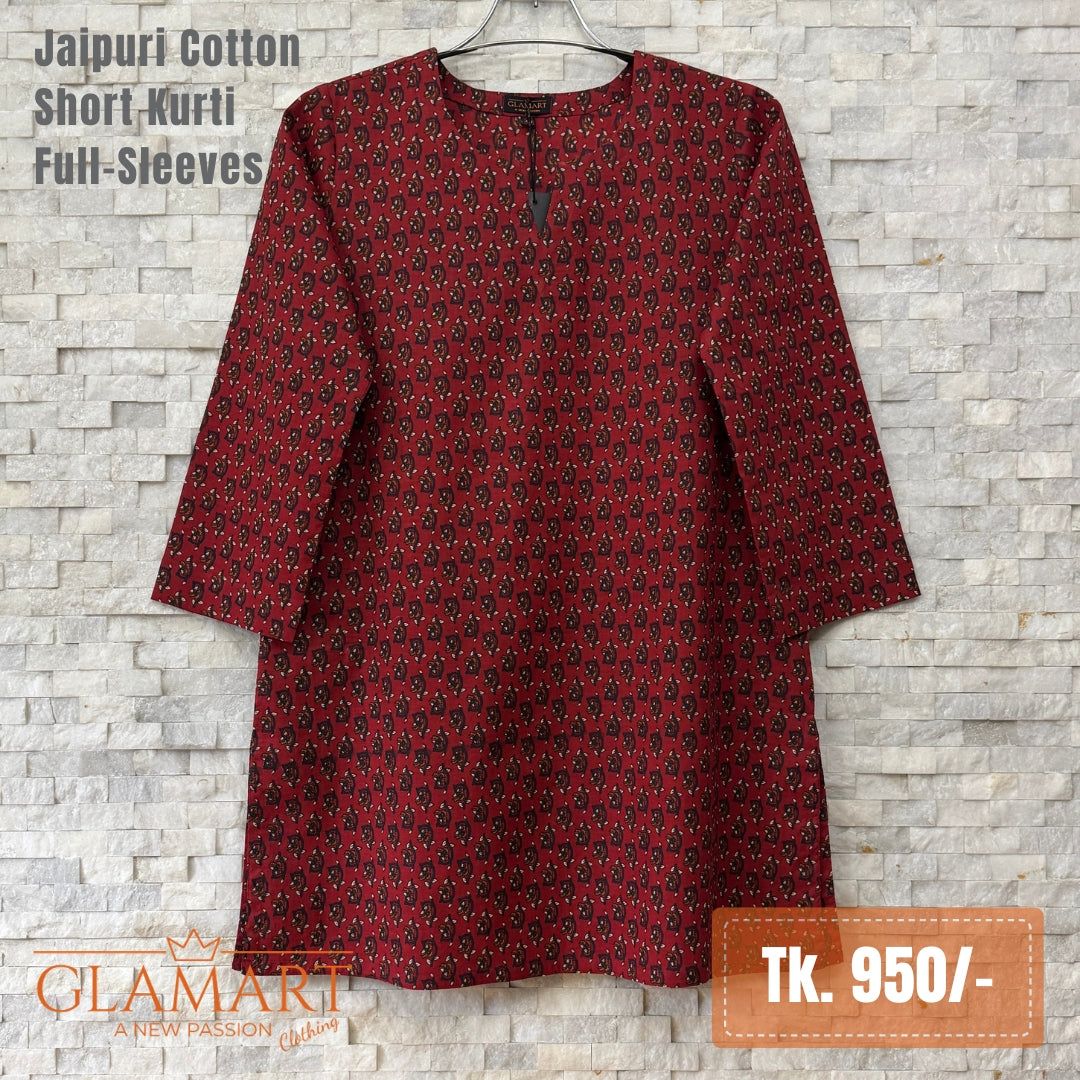 Jaipuri Cotton Short Kurti - Maroon Floral