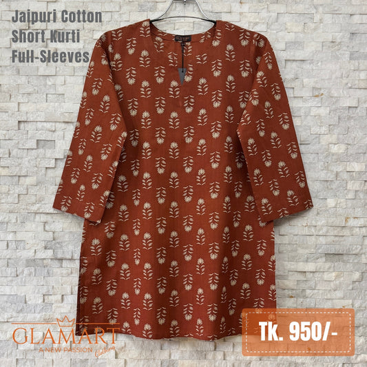 Jaipuri Cotton Short Kurti - Brick Red Floral