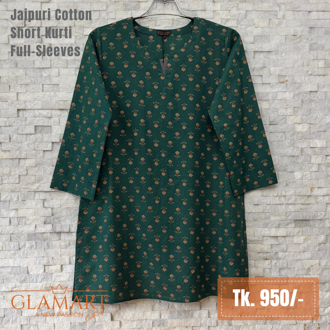 Jaipuri Cotton Short Kurti - Emerald Green Buti Print