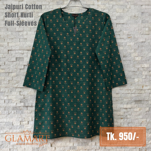 Jaipuri Cotton Short Kurti - Emerald Green Buti Print