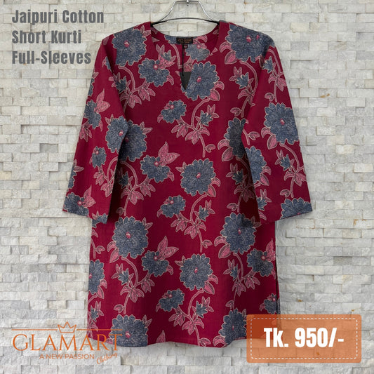 Jaipuri Cotton Short Kurti - Deep Raspberry Pink Floral