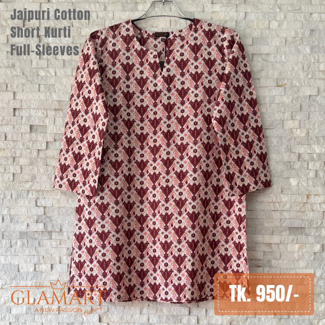Jaipuri Cotton Short Kurti -  Maroon Paisley & Zig-Zag