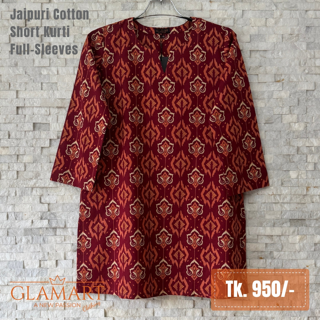 Jaipuri Cotton Short Kurti - Maroon Ikat Print