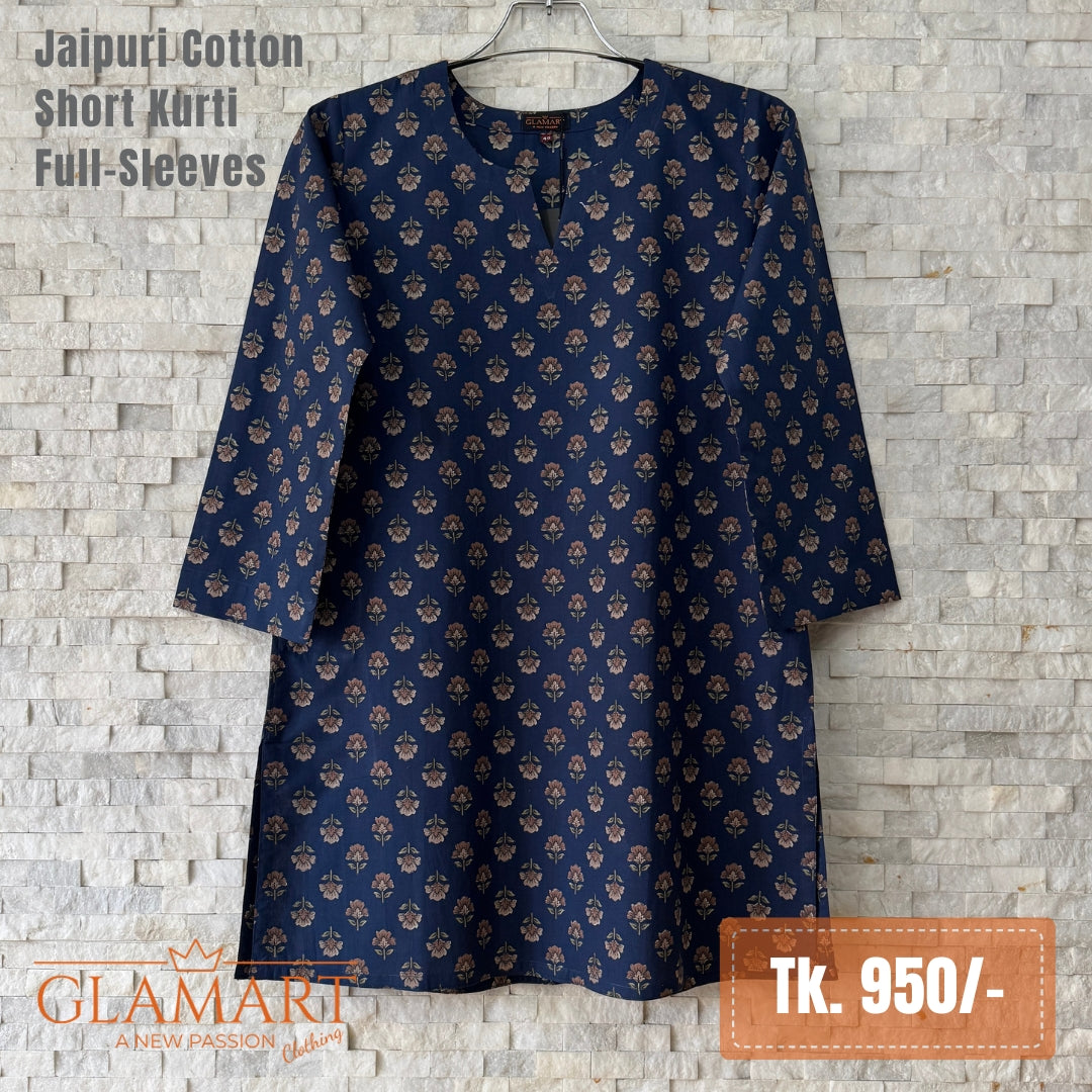 Jaipuri Cotton Short Kurti - Navy Floral Buti