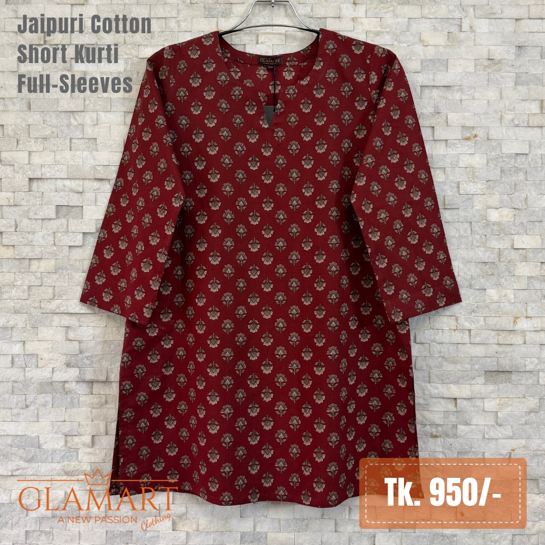 Jaipuri Cotton Short Kurti - Maroon Floral Buti